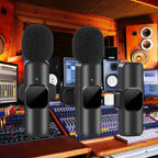 Noise canceling wireless microphone with Lightning receiver in a professional recording studio.
