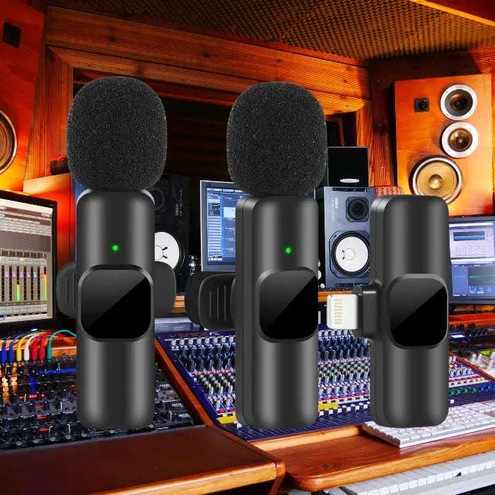 Noise canceling wireless microphone with Lightning receiver in a professional recording studio.