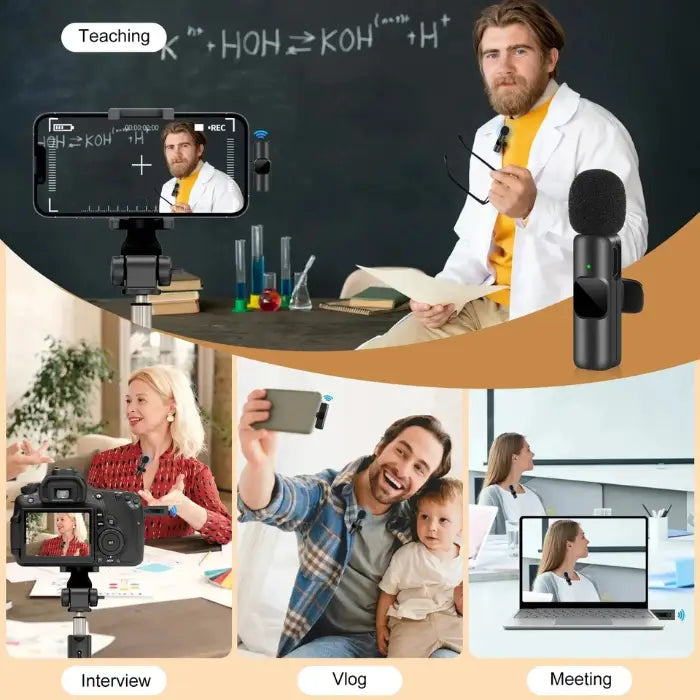 Noise canceling wireless microphone used for teaching, vlogging, interviews, and meetings.