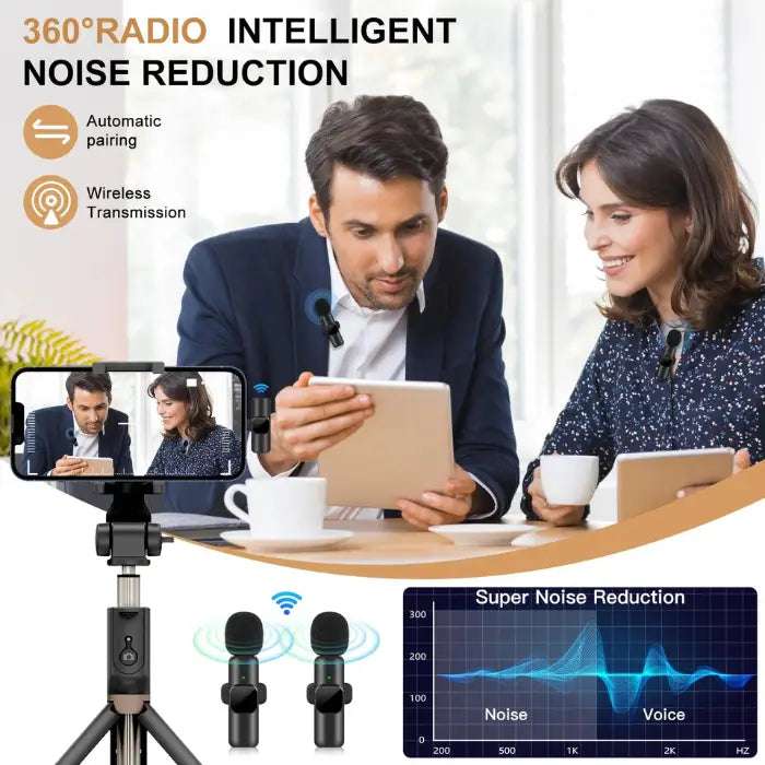 Noise canceling wireless microphone with 360-degree noise reduction used for business meetings.