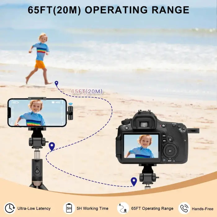 Noise canceling wireless microphone demonstrating a 65FT (20M) operating range for video recording.