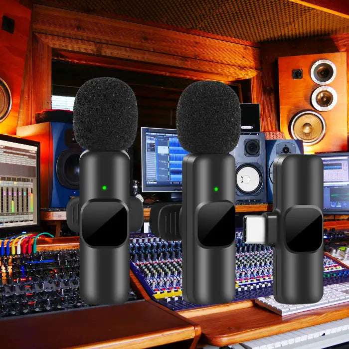 Noise canceling wireless microphone with USB-C receiver in a professional recording studio setting.