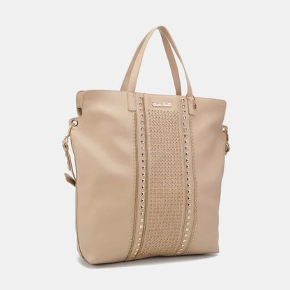 Designer nude leather shopper tote with decorative studded center panel and removable shoulder strap 