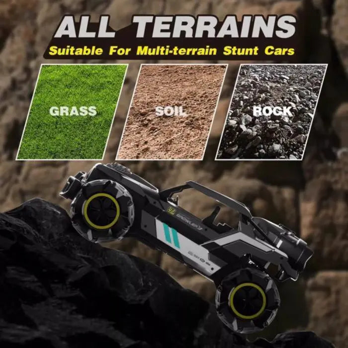 off road rc car climbing rocky slope; graphics show grass, soil, rock surfaces suitable for omnidirectional stunt play