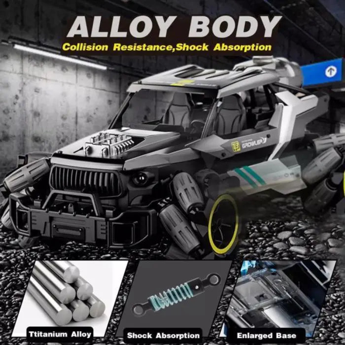 off road rc car alloy body with shock absorption and enlarged base; inset shows titanium rods and spring detail
