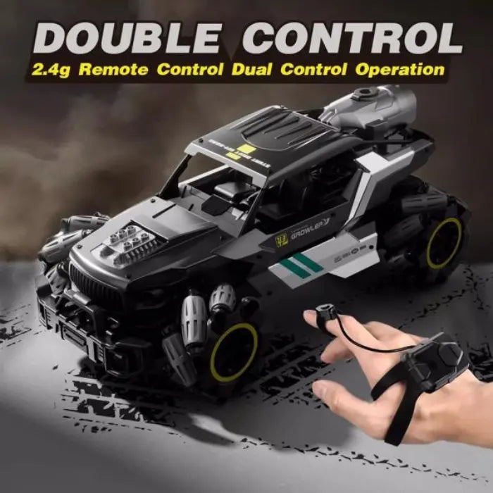 off road rc car using gesture watch and 2.4ghz remote; alloy body drift truck shown on dusty track mid turn