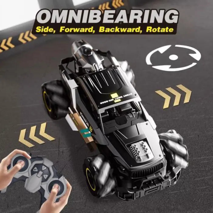 off road rc car demonstrating omnibearing movement—sideways, forward, back, rotate—with controller arrows on asphalt