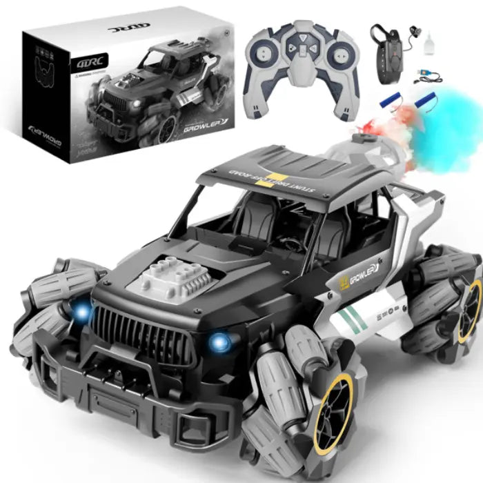 off road rc car bundle with remote, gesture watch, batteries, charger and spray exhaust effect in blue and red smoke