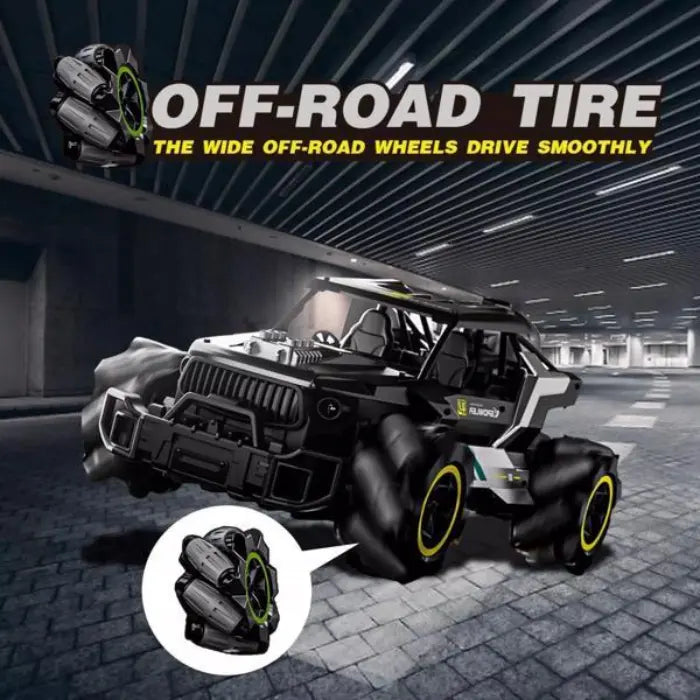 off road rc car with wide omni tires for smooth offroad grip; black stunt truck under bridge, closeup wheel details !!