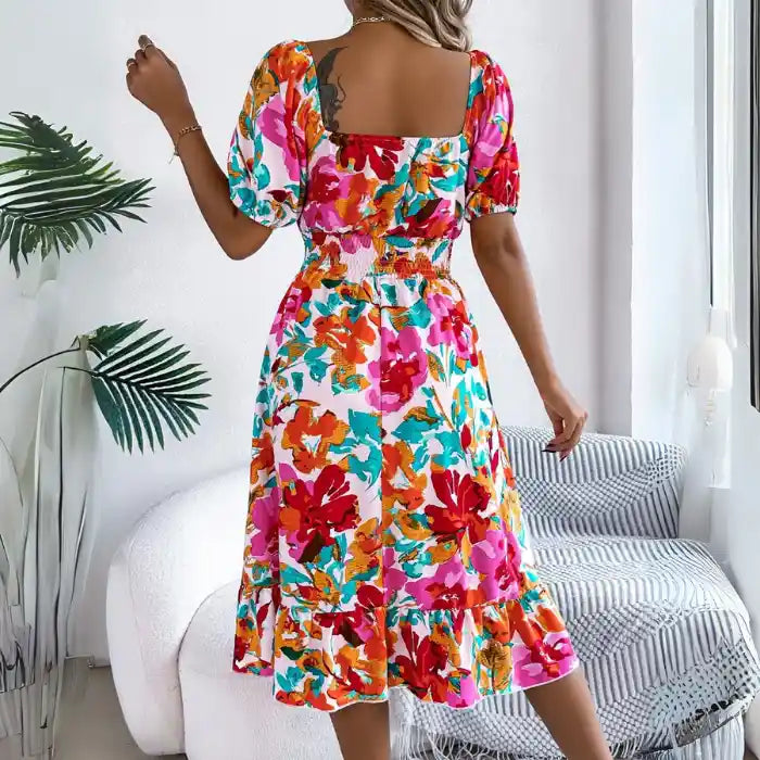 Off shoulder floral midi dress back view showing puff sleeves and square back neckline.