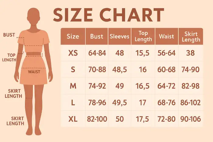 off-shoulder party dress size chart displaying detailed measurements for bust, sleeves, waist, hips and length in centimeters