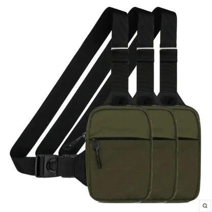 Olive green chest bag with adjustable black straps, multiple compartments, and zipper closures for everyday use