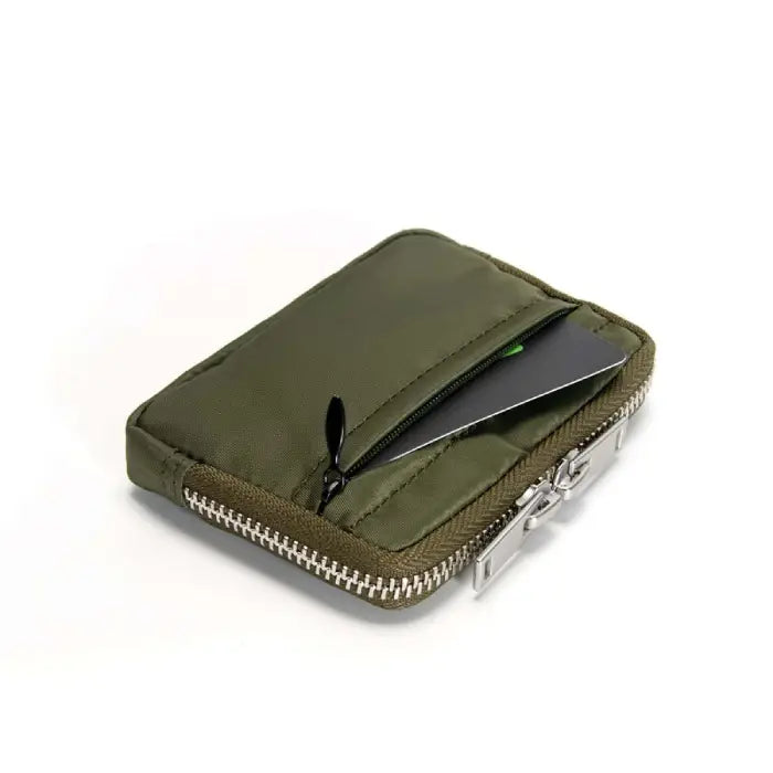 Olive green wallet featuring card pocket and durable zipper, combining style with practical functionality.