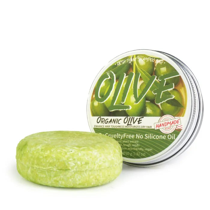 Organic olive shampoo bar, enhances hair toughness, silicone-free, vegan.