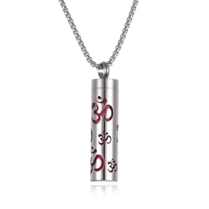 Red Om symbol titanium steel pendant necklace for essential oil diffusion and aromatherapy.