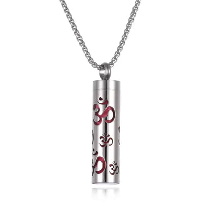 Red Om symbol titanium steel pendant necklace for essential oil diffusion and aromatherapy.