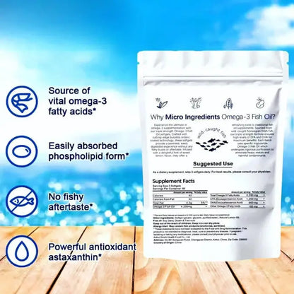 Omega-3 supplement package displaying key benefits: vital fatty acids, absorption, no aftertaste, and antioxidant properties