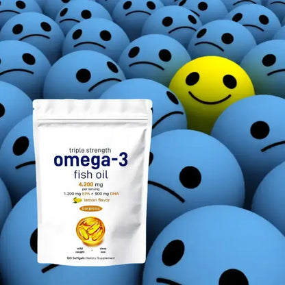 Omega-3 supplement package standing out among blue and yellow emoji faces showing mood improvement concept