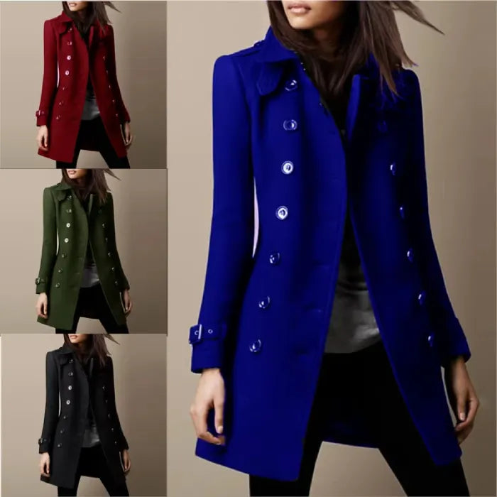 Womens double breasted wool coat shown in blue, red, green and black variants with tailored fit highlighting stylish seasonal options