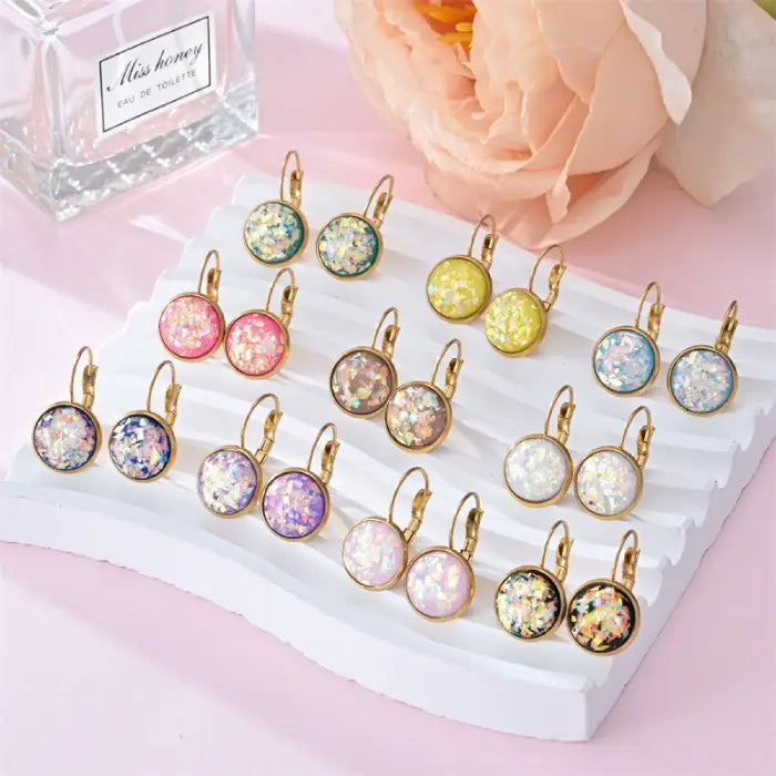 Opal earrings iridescent glitter leverback gold set displayed in multiple shimmering colors for stylish variety and gifting appeal.