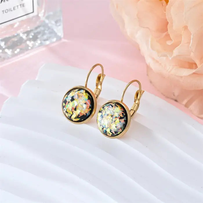 Opal earrings iridescent glitter leverback dangle gold with galaxy black resin and vibrant sparkle for a bold, luminous statement look.