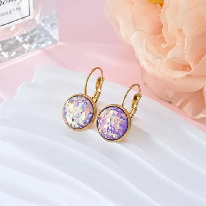 Opal earrings iridescent glitter leverback dangle gold in lavender opal resin with glowing flakes for a dreamy, luminous accessory style.