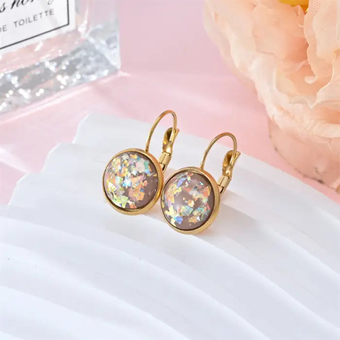 Opal earrings iridescent glitter leverback dangle gold featuring warm mocha glow resin that reflects multicolor sparkles for added charm.