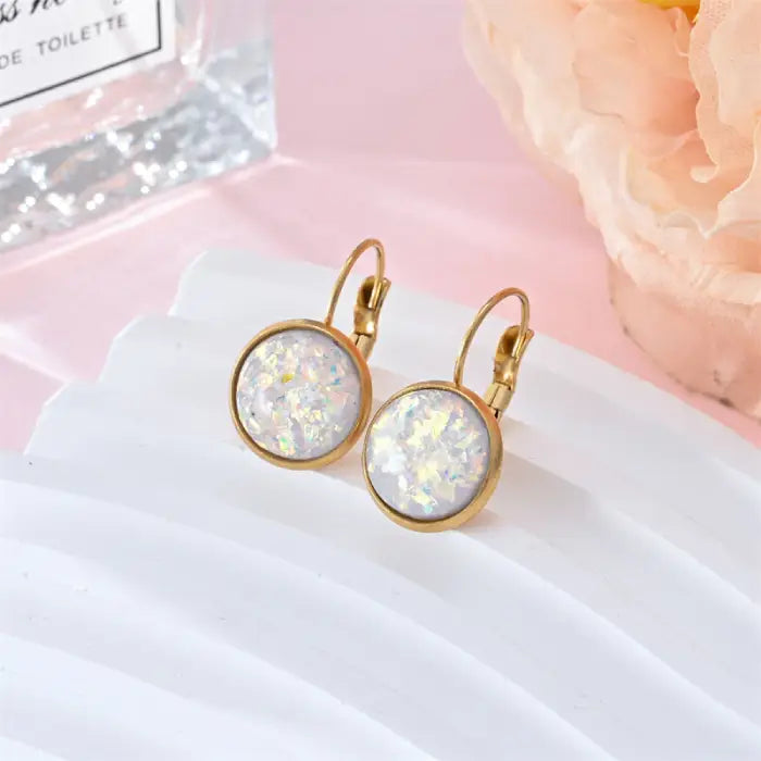 Opal earrings iridescent glitter leverback dangle gold in snow crystal white resin with glowing multicolor sparkle for timeless elegance.