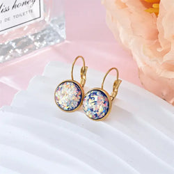 Opal earrings iridescent glitter leverback gold design with dazzling resin sparkle for a radiant, elegant accessory upgrade.