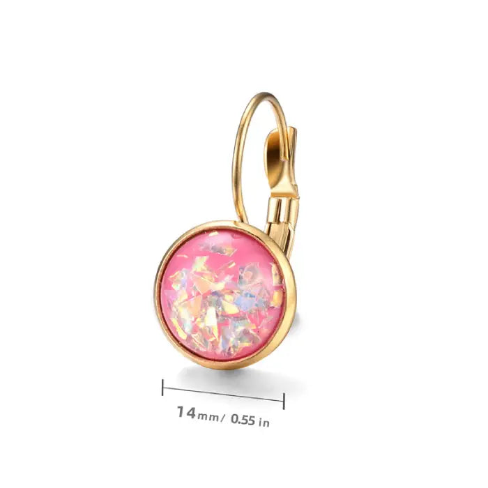 Opal earrings iridescent glitter leverback gold style featuring pink resin shimmer for a bright, playful jewelry fashion boost.