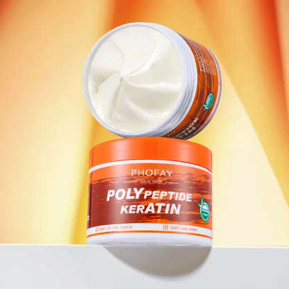 Open jar of Phofay Poly Peptide Keratin cream on colorful background.