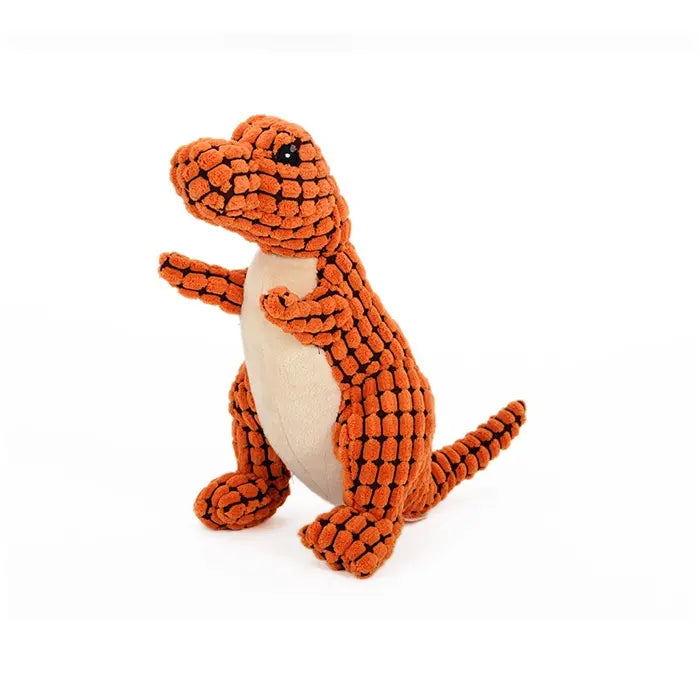 Orange plush dinosaur dog toy standing upright with a textured surface and beige belly.