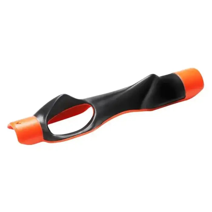 Close-up of black and orange ergonomic golf grip showing curved design and finger hole