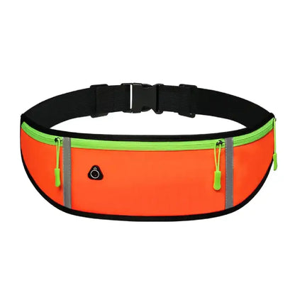 Bright orange running belt with neon green trim, adjustable black strap, and reflective details for high visibility