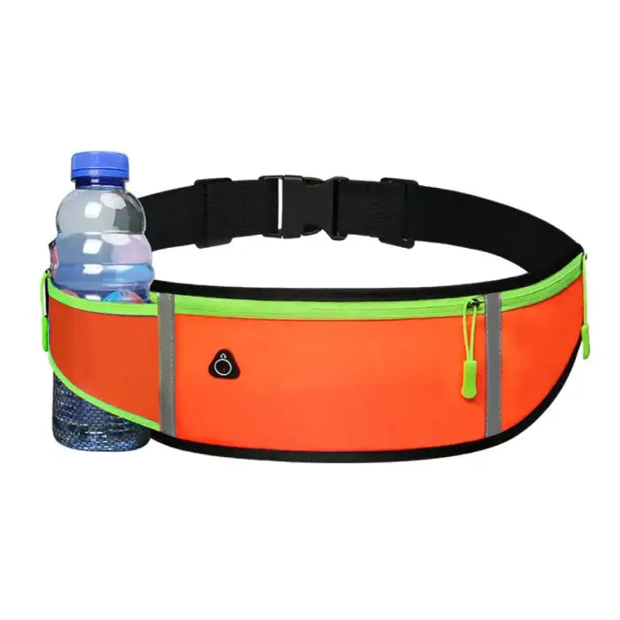 Bright orange running belt with water bottle holder, black strap, and neon green trim for high-visibility during sports