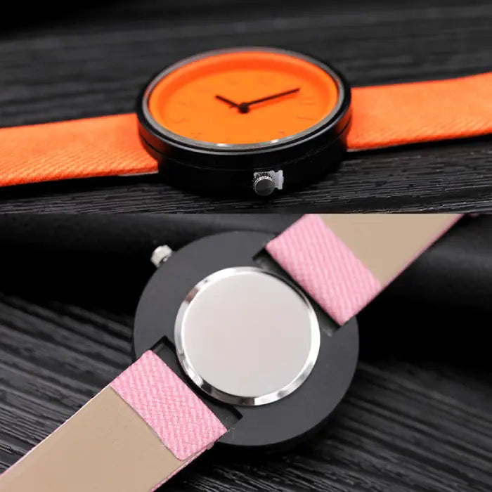 Close-up of orange wristwatch with durable strap and detailed back case for quality craftsmanship.