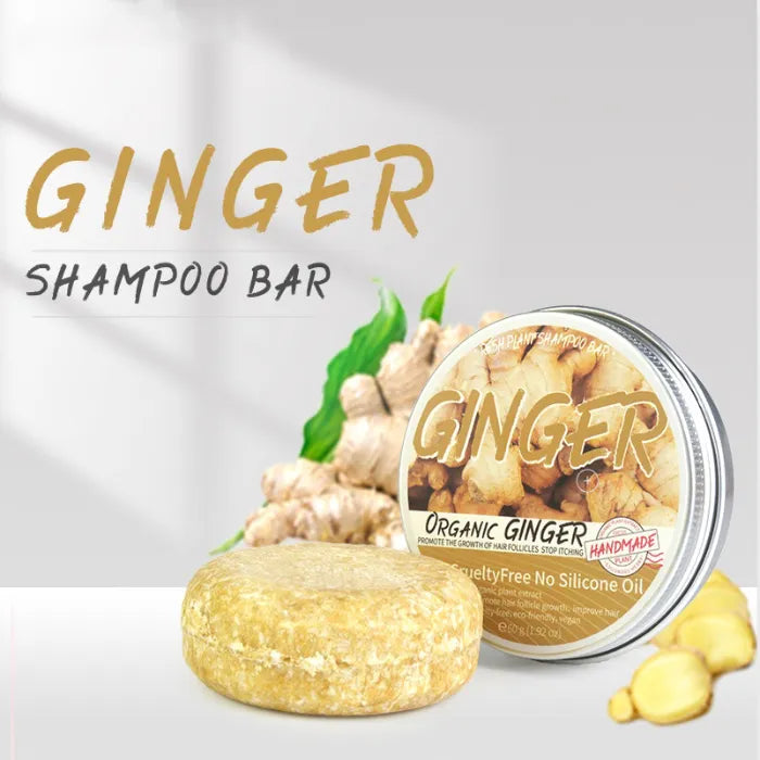 Promotional image of organic ginger shampoo bar, ideal for oily hair.