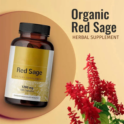 Organic red sage supplement 1200mg bottle with fresh red sage flowers for cardiovascular health support