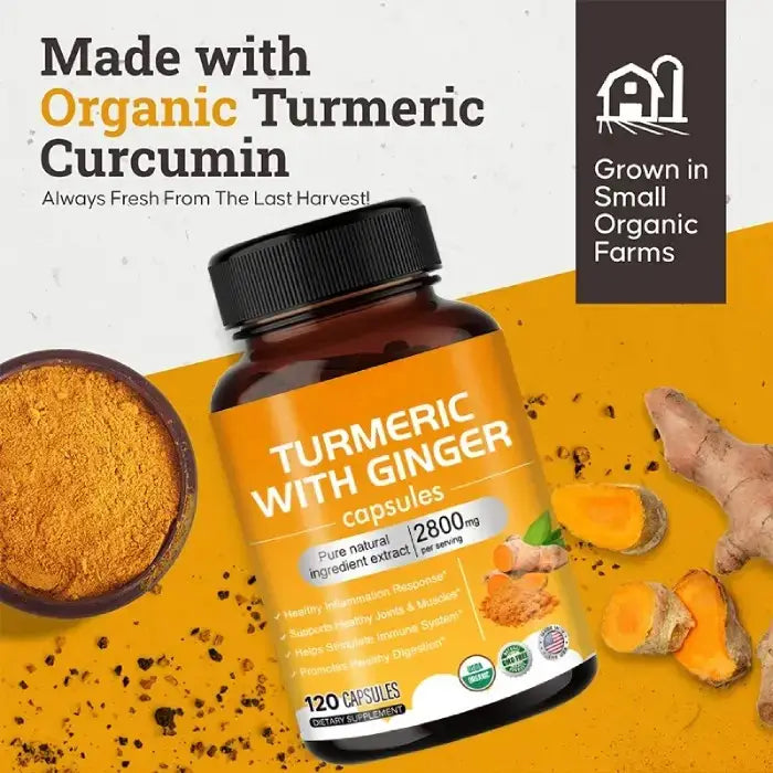 Turmeric with ginger capsules with turmeric roots and powder, promoting organic sourcing from small farms.