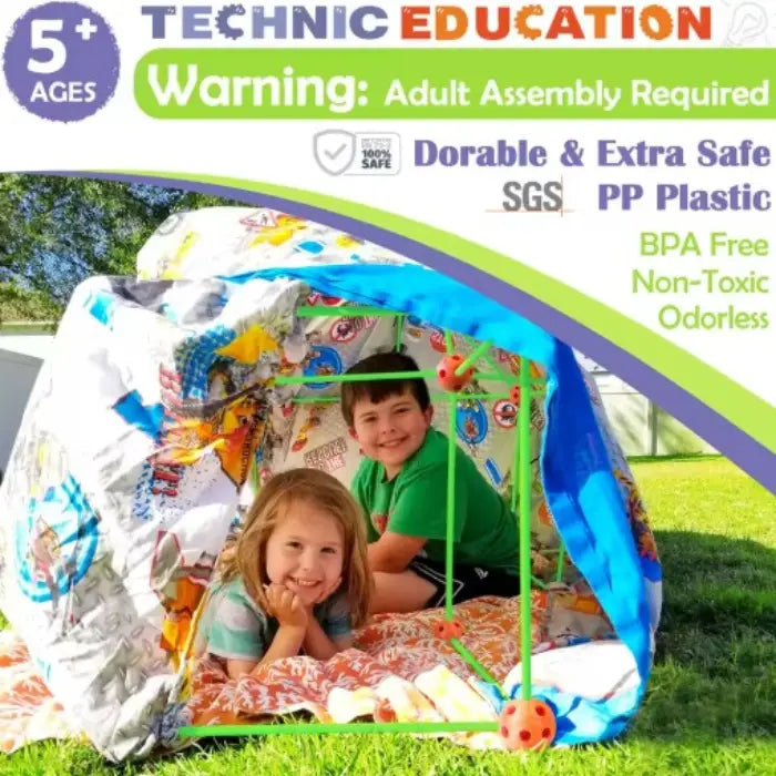 Children playing in constructed fort outdoors showcasing durable BPA-free materials and safety features of STEM building toy