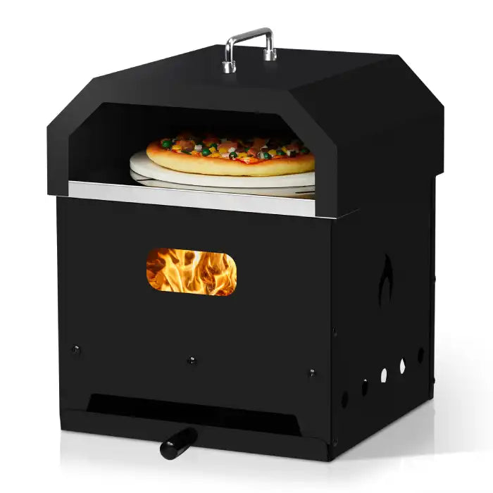 Outdoor Oven in black with visible flames and a pizza baking inside the chamber