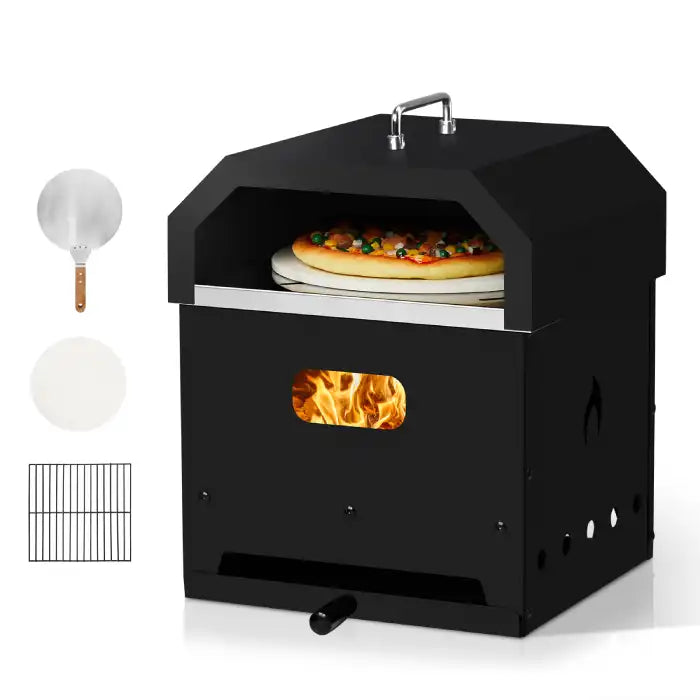 Outdoor Oven with grill rack, pizza peel, and stone placed alongside the unit
