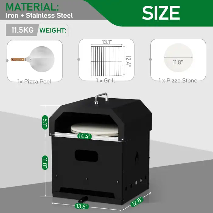 Outdoor Oven with size dimensions and included pizza peel, stone, and grill rack