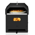 Outdoor Oven front view showing fire chamber and pizza baking on stone plate