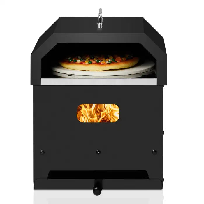 Outdoor Oven front view showing fire chamber and pizza baking on stone plate