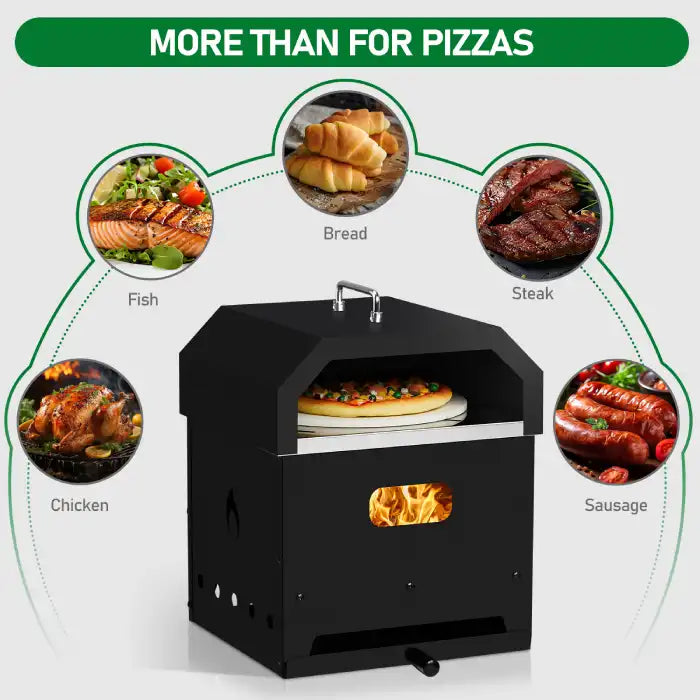 Outdoor Oven cooking pizza, bread, steak, sausage, chicken, and fish in a versatile setup