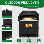 Outdoor Oven features stainless handle, vents, ash tray, and shows pizza cooking inside
