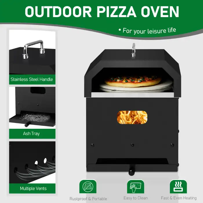 Outdoor Oven features stainless handle, vents, ash tray, and shows pizza cooking inside