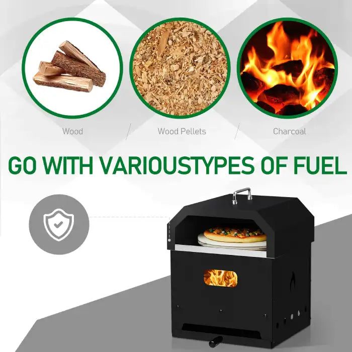 Outdoor Oven shown with wood, wood pellets, and charcoal as fuel options