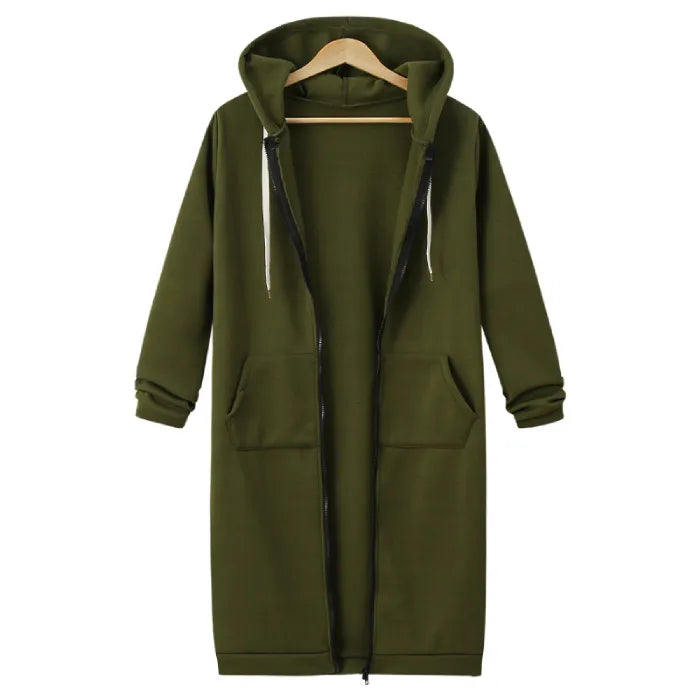 Oversized hoodie for women in army green featuring long relaxed fit, zip closure and fleece warmth for cozy everyday styling